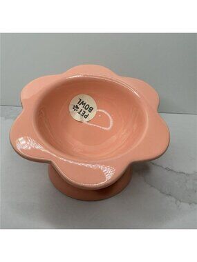 Rare Rockybear Pets Ceramic Food Bowl Elevated 4" x 6” Pink Flower Shape New